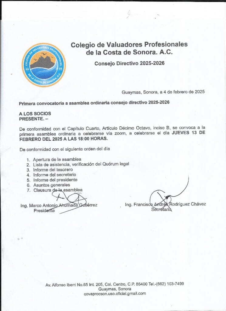 Documento oficial de valoración en La Costa de Sonora, demostrando integridad y profesionalismo en avalúos inmobiliarios confiables y éticos.