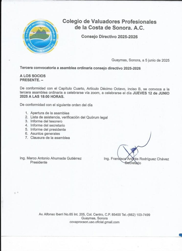 Documento oficial de avalúo inmobiliario con altos estándares de ética e integridad, emitido por el Colegio de Valuadores Profesionales de la Costa de Sonora, A.C., que garantiza precisión y transparencia en valoraciones inmobiliarias.