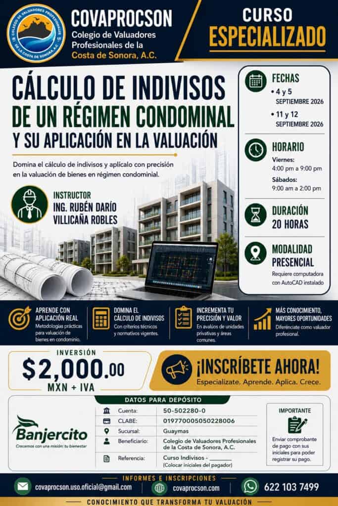 Imagen promocional del curso especializado en cálculo de indivisos de condominios, con detalles de fechas, horario, duración y modalidad presencial, dirigido a profesionales.